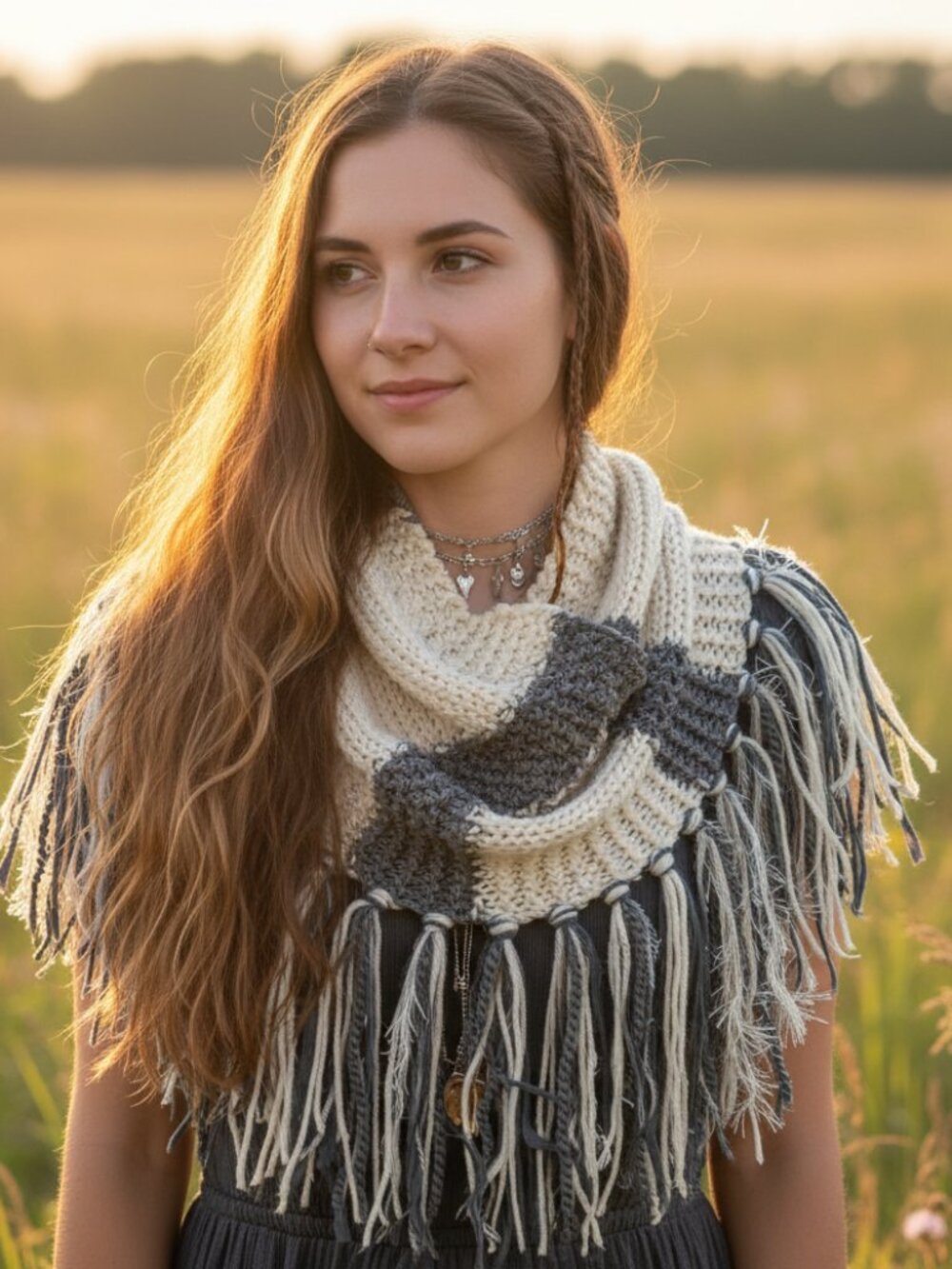 NEW Hand Knitted Cream Gray Boho Cowl Scarf Fringe Women's Cottage‎ Boho Western